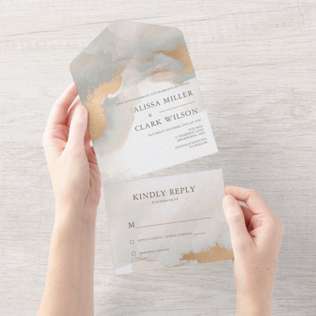 Invitation Tout En Un Elégant Abstrait or aquarelle Mariage (Déchirure)