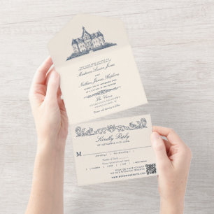 Invitation Tout En Un Élégant Ancien Château Manor Mariage QR Code