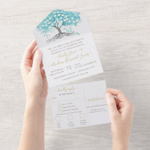 Invitation Tout En Un Elégant Aqua Blue Heart Leaf Tree Mariage