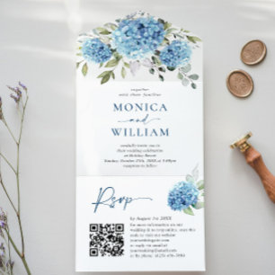Invitation Tout En Un Elégant aquarelle bleu Hydrangea QR code Mariage
