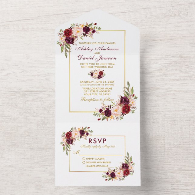Invitation Tout En Un Elégant Aquarelle Bourgogne Floral Mariage Or (À l'intérieur)