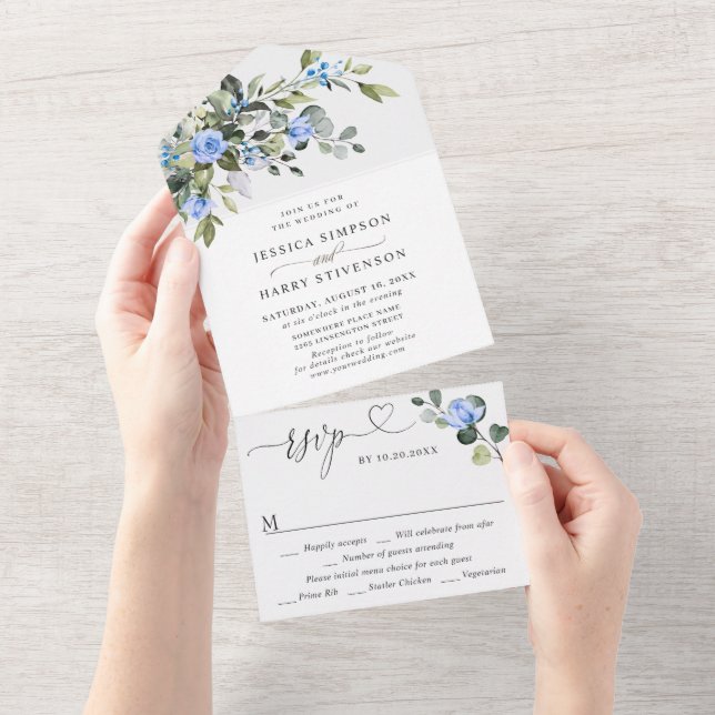 Invitation Tout En Un Elégant Aquarelle Eucalyptus Blue Rose Mariage (Déchirure)