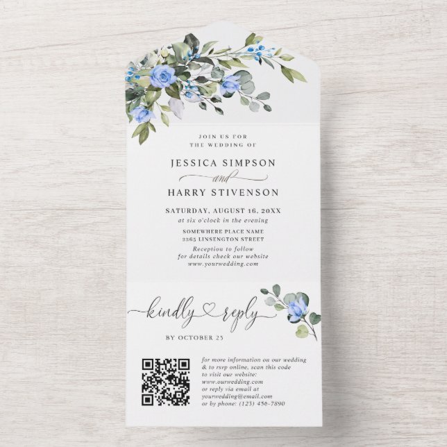 Invitation Tout En Un Elégant Aquarelle Eucalyptus Blue Rose Mariage (À l'intérieur)
