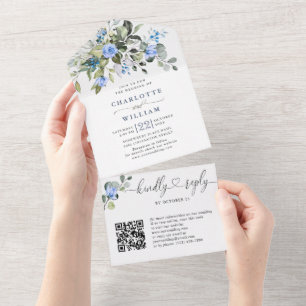 Invitation Tout En Un Elégant Aquarelle Eucalyptus Blue Rose Mariage
