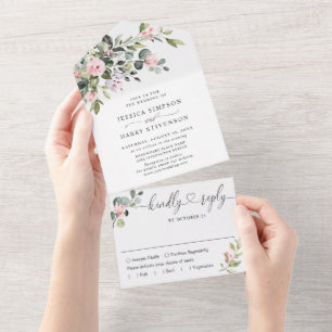 Invitation Tout En Un Elégant Aquarelle Eucalyptus Blush Rose Mariage