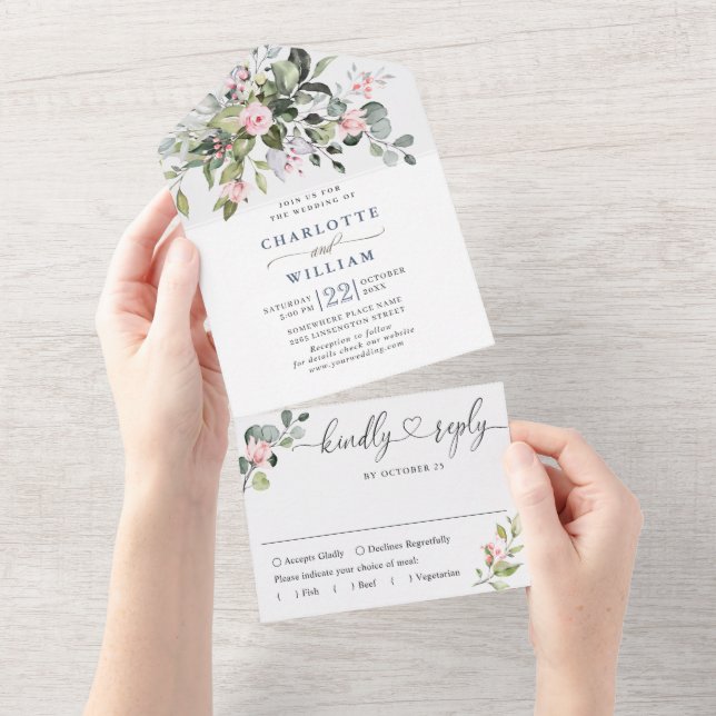 Invitation Tout En Un Elégant Aquarelle Eucalyptus Blush Rose Mariage (Déchirure)