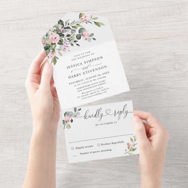 Invitation Tout En Un Elégant Aquarelle Eucalyptus Blush Rose Mariage (Déchirure)