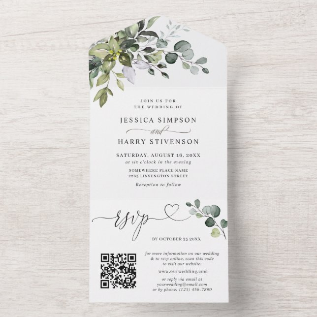 Invitation Tout En Un Elégant aquarelle Eucalyptus Mariage code QR (À l'intérieur)