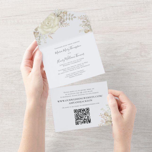Invitation Tout En Un Elégant aquarelle florale Liquide ivoire QR Code (Déchirure)