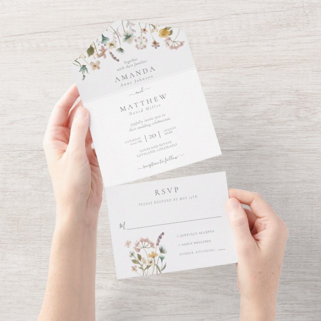 Invitation Tout En Un Elégant Aquarelle Pressé Fleurs Mariage (Déchirure)