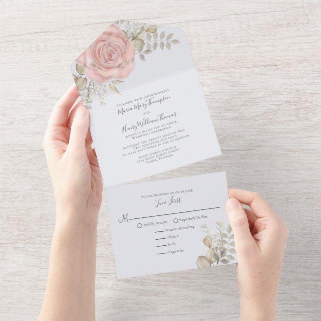 Invitation Tout En Un Elégant Aquarelle Rose Or Bourgogne Floral (Déchirure)