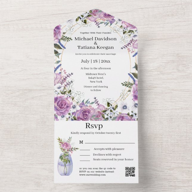 Invitation Tout En Un élégant aquarelle violet fleuri qr code mariage (À l'intérieur)