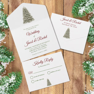 Invitation Tout En Un Élégant arbre de Noël Lit Rouge et Mariage vert