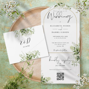 Invitation Tout En Un Elégant Arc Or verdure Floral QR Code Mariage