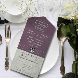 Invitation Tout En Un Élégant Automne Aubergine Sage Gris Code QR