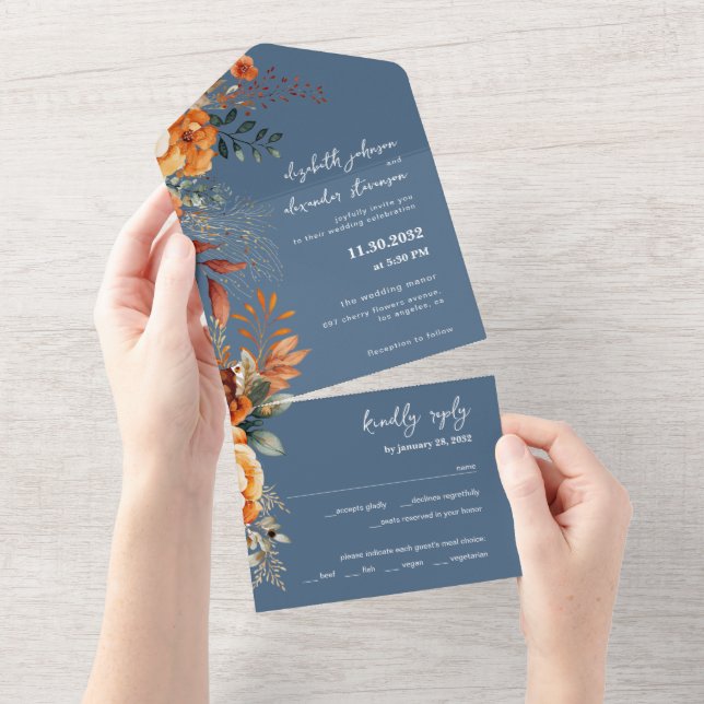 Invitation Tout En Un Elégant automne floral mariage délicat bleu (Déchirure)