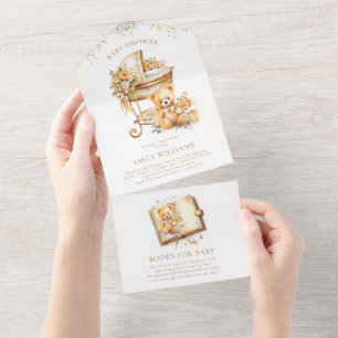Invitation Tout En Un Elégant Baby shower Beige & Or Livres pour bébé
