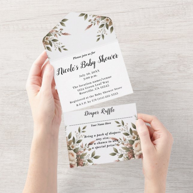 Invitation Tout En Un Élégant Baby shower vert et blanc d'olive (Déchirure)