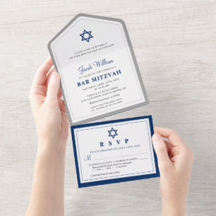 Invitation Tout En Un Élégant Bar Mitzvah Gris et Bleu Marine Tout En Un