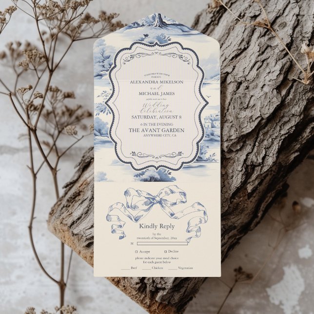Invitation Tout En Un Elégant Baroque Bleu Jardin Français Floral Mariag (Créateur téléchargé)