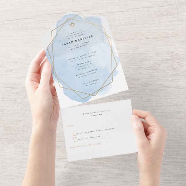 Invitation Tout En Un Elégant Bat mitzvah d'aquarelle bleu or (Déchirure)