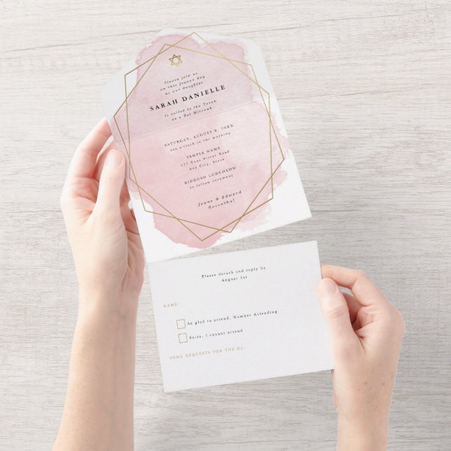 Invitation Tout En Un Elégant Bat mitzvah d'aquarelle rose or (Déchirure)