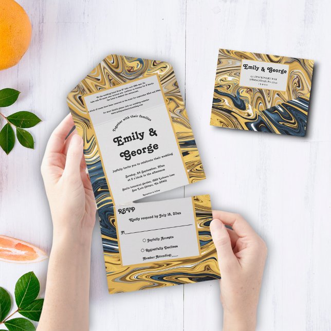 Invitation Tout En Un Élégant Black and Gold Waves Abstrait Art Mariage (Créateur téléchargé)