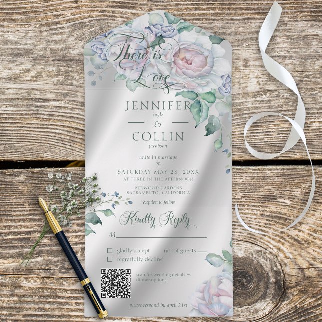 Invitation Tout En Un Elégant blanc Satin & Pastel Floral QR Code (Créateur téléchargé)