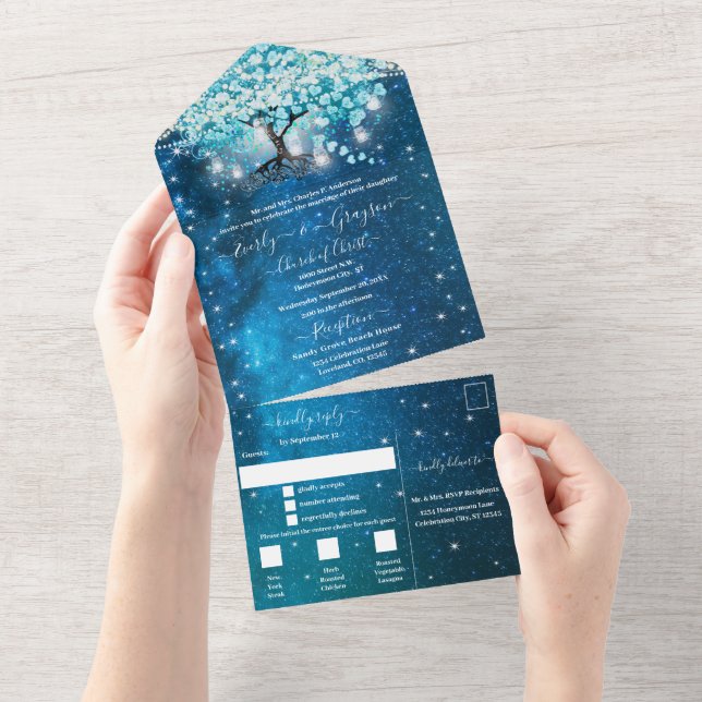 Invitation Tout En Un Elégant bleu Aqua Turquoise Mariage de feuilles de (Déchirure)