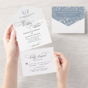 Invitation Tout En Un Elégant bleu bleu floral Crest Mariage