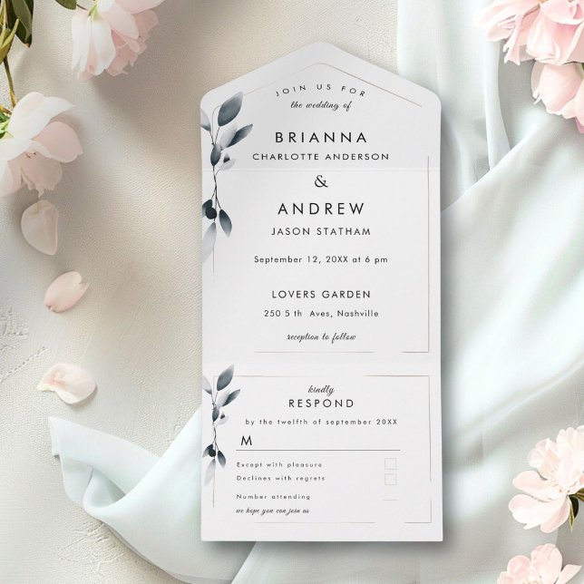 Invitation Tout En Un Elégant Bleu Botanique Tout en un mariage Inviter (Elegant Blue Botanical All in One Wedding Invite)