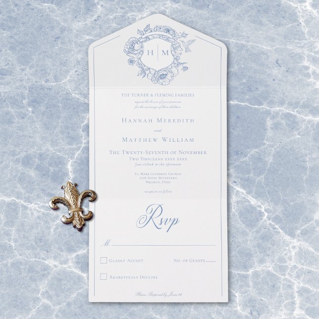 Invitation Tout En Un Elégant bleu Chinoiserie Bird Crest Mariage (Elegant Blue Chinoiserie Bird Crest Wedding All In One Invitation)