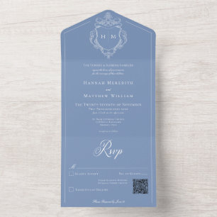 Invitation Tout En Un Elégant bleu Chinoiserie Bird Crest Mariage QR