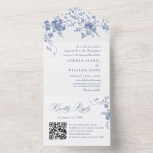 Invitation Tout En Un Elégant bleu France Garden Flowers Mariage code QR