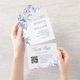 Invitation Tout En Un Elégant bleu France Garden Flowers Mariage code QR