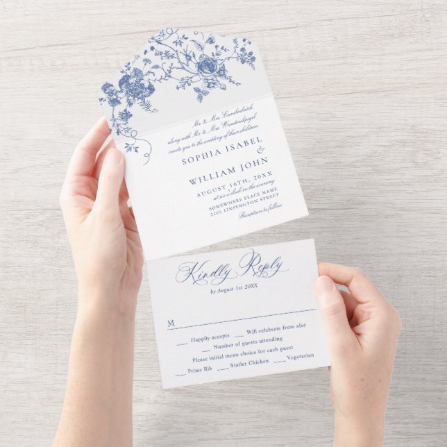 Invitation Tout En Un Elégant bleu France Mariage de fleurs de jardin (Déchirure)