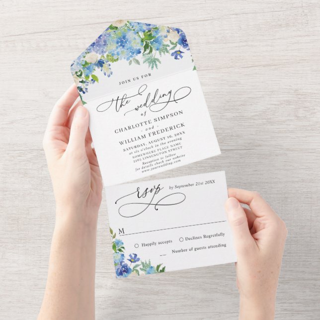 Invitation Tout En Un Elégant bleu Hydrangea Aquarelle Mariage de verdur (Déchirure)