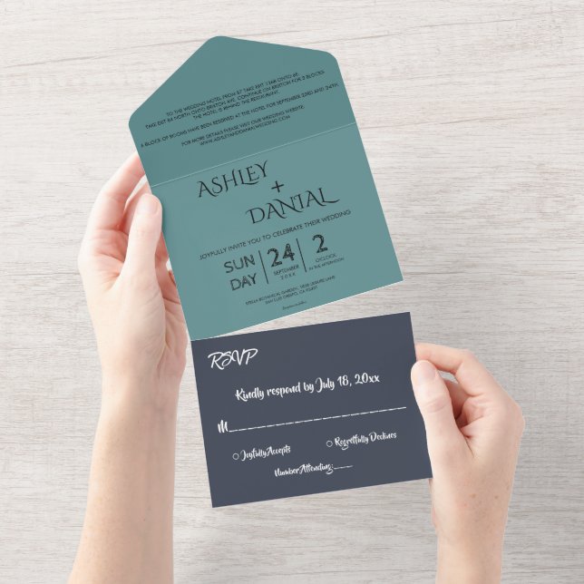 Invitation Tout En Un Elégant bleu marine Turquoise moderne chic Mariage (Déchirure)