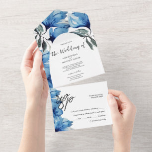 Invitation Tout En Un Elégant bleu romantique Fleurs artistiques