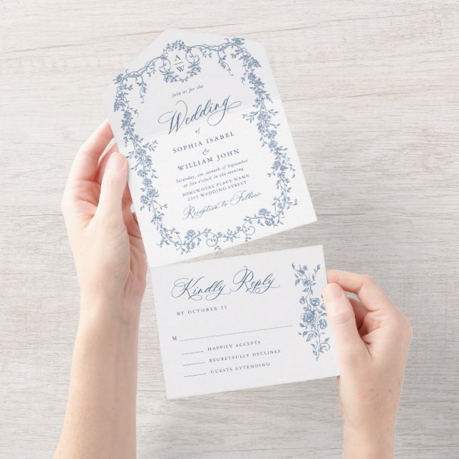 Invitation Tout En Un Elégant bleu roux Mariage de jardin (Déchirure)