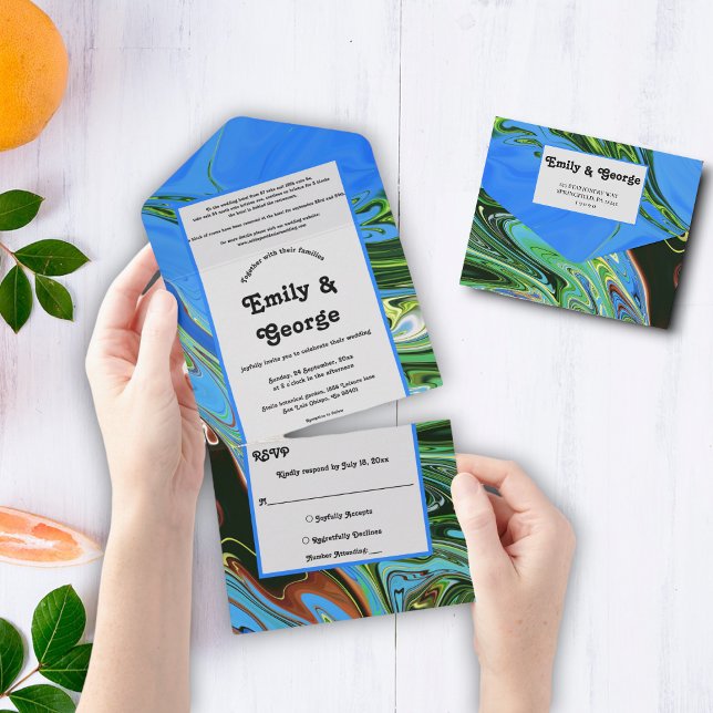 Invitation Tout En Un Elégant bleu vert Abstrait peinture à l'huile Mari (Créateur téléchargé)
