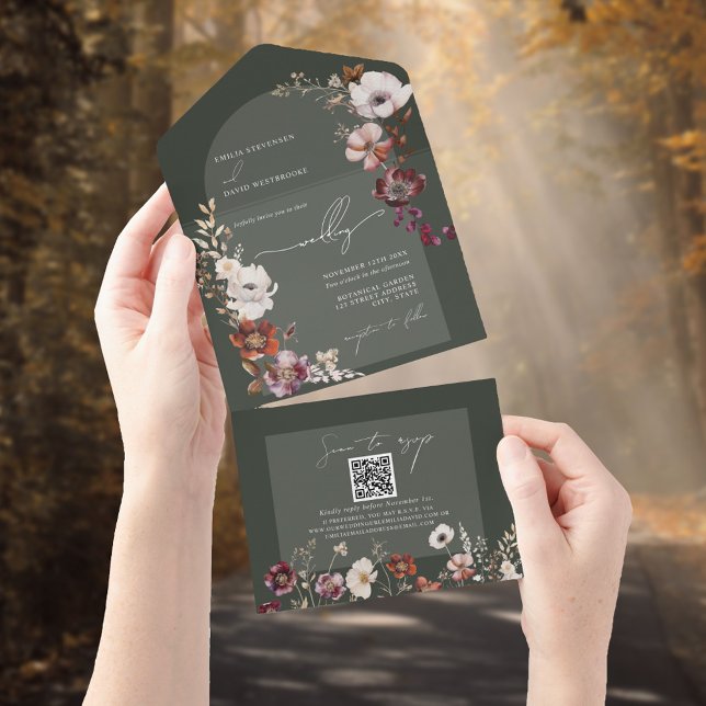 Invitation Tout En Un Élégant Blooms vert tout en un mariage Inviter (Créateur téléchargé)