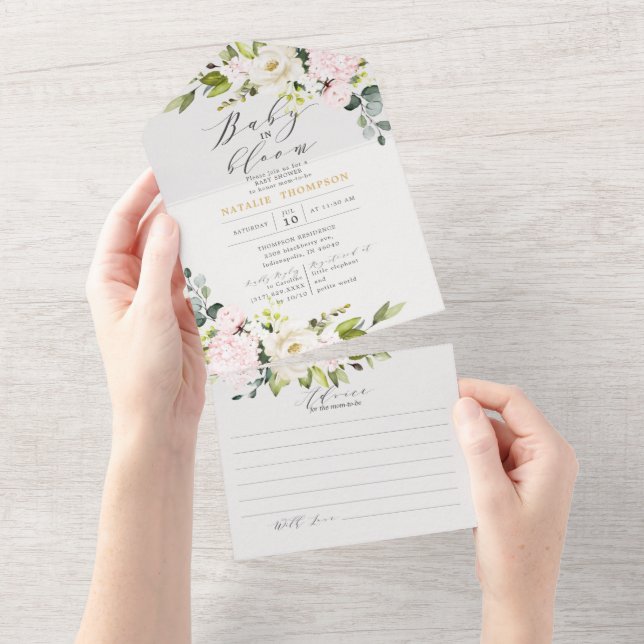 Invitation Tout En Un Elégant Blush Floral Baby shower & Conseils (Déchirure)
