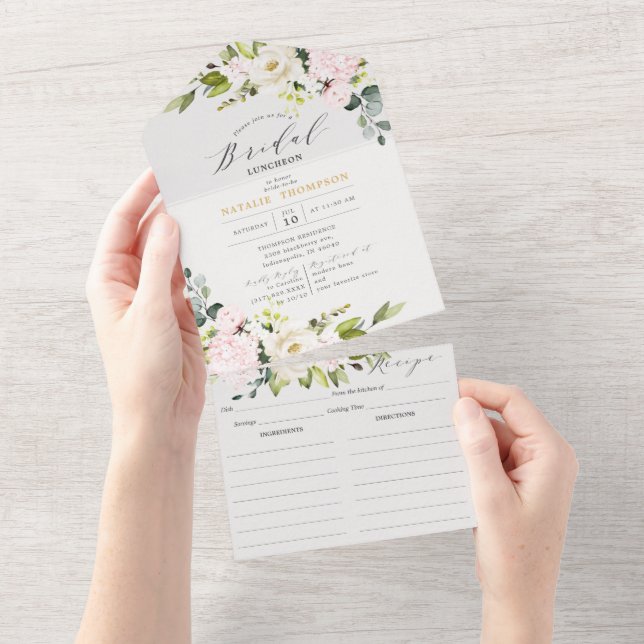Invitation Tout En Un Elégant Blush Floral Fête des mariées & Recette (Déchirure)