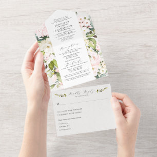 Invitation Tout En Un Élégant Blush Floral & Mariage d'eucalyptus