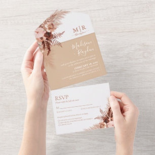 Invitation Tout En Un Elégant Boho Blanc & Beige Mariage Pampas