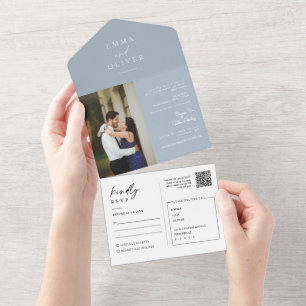 Invitation Tout En Un Elégant Boho bleu Dusty moderne QR Code photo RSVP