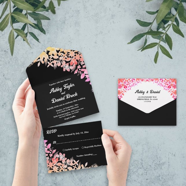 Invitation Tout En Un Elégant Boho Lumineux Rose Black Floral Mariage (Créateur téléchargé)