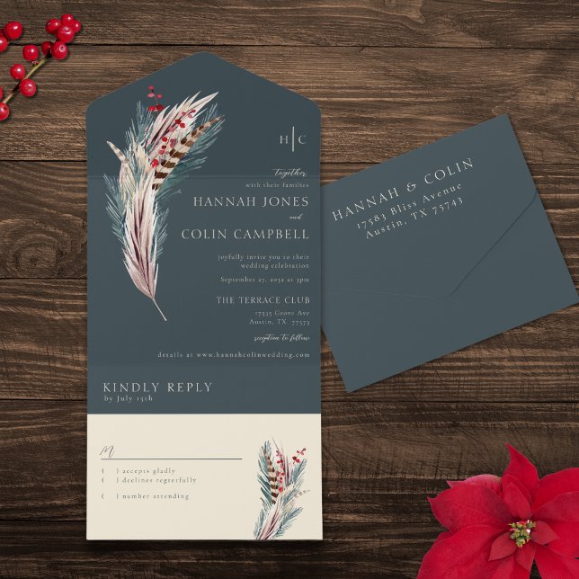 Invitation Tout En Un Elégant Boho Rustique Pampas & Pine Vert Tan Rouge (Créateur téléchargé)
