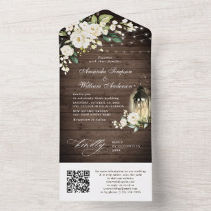 Invitation Tout En Un Elégant bois rustique blanc Roses Mariage QR code